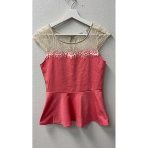 Cloudless Peplum Top Womens L Coral Pink Cream Lace Cap Sleeve Coquette Dressy